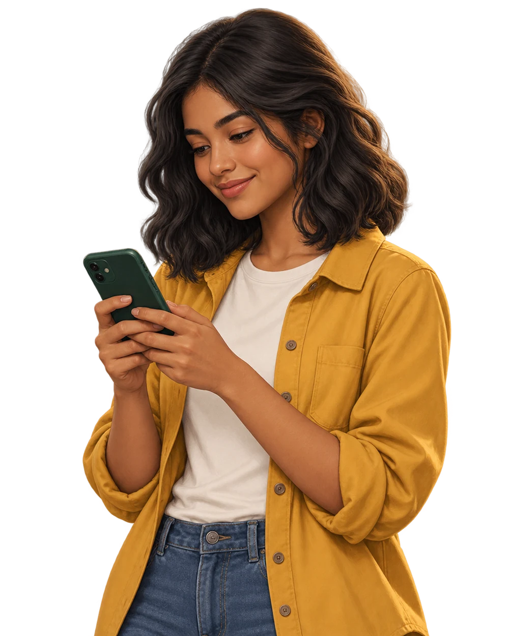 Ilustración de una joven que reflexiona mientras utiliza su celular.